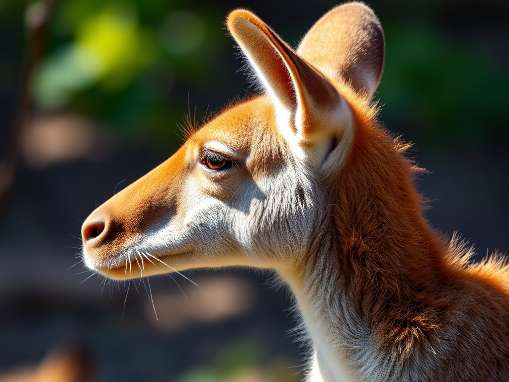 Capture a close-up of a kangaroo's profile in natural light, using a DSLR camera with a 50mm lens, aperture set to f/1.8 for a shallow depth of field, ISO 200, and a shutter speed of 1/200s to ensure sharpness and vibrant colors.