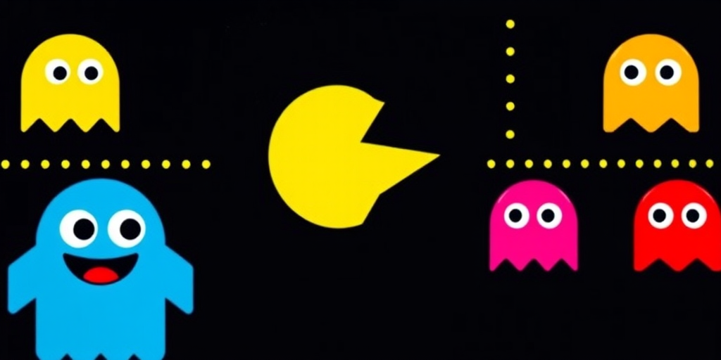 Create a vibrant digital illustration of classic arcade game characters including a yellow Pac-Man and colorful ghosts on a solid black background, capture with a high-resolution DSLR camera at f/2.8 aperture, ISO 100, and a 50mm lens for sharp details and vivid colors, using a flat lay perspective to enhance visual impact.
