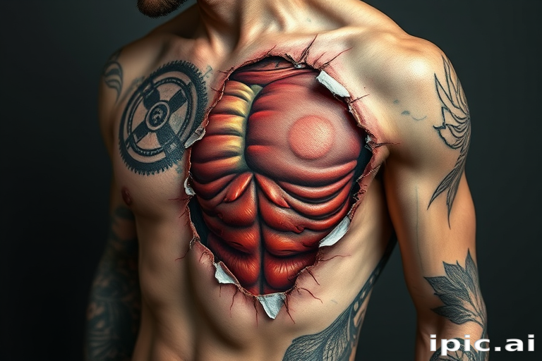 Realistic 3D tattoo titled "Skin Deep" creating the illusion of torn or peeled skin revealing hyper-realistic anatomical structures muscles or mechanical parts underneath