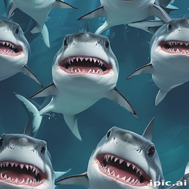 Multiple Sharks Underwater Encounter: A School of Sharks Swimming Together with Open Jaws