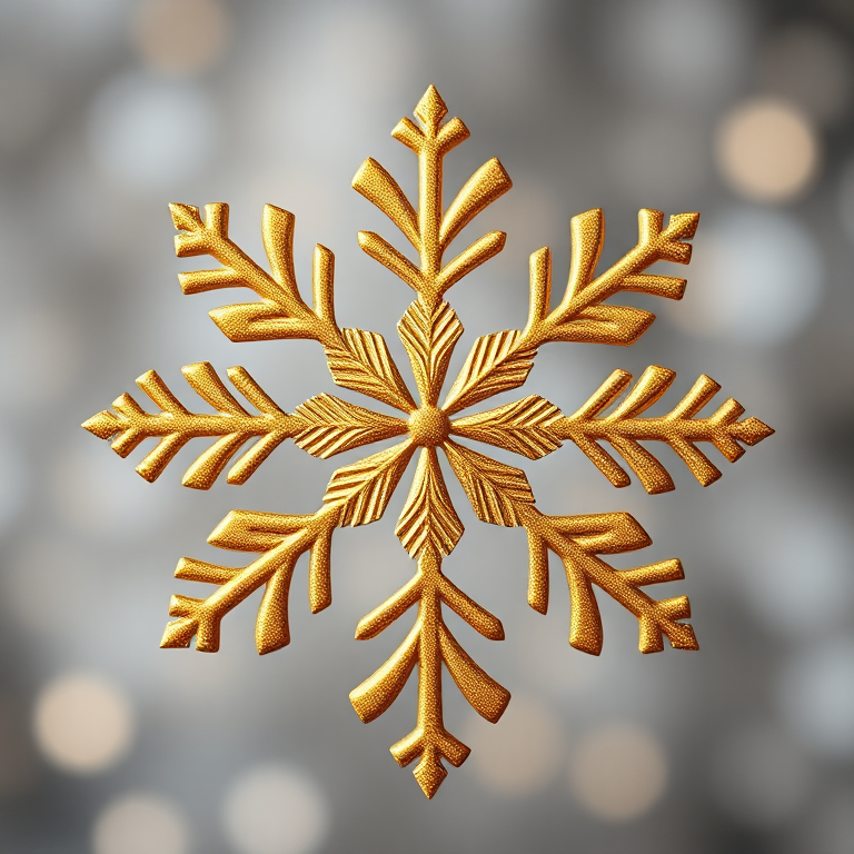 Create a high-resolution image of an intricate golden snowflake design on a transparent background, using a macro lens at f/2.8 for a shallow depth of field, with a soft-focus effect, shot from a top-down view to emphasize symmetry and detail.