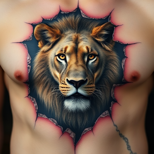 Realistic 3D tattoo called "Living Canvas" featuring a hyper-realistic portrait of a majestic lion emerging from a torn piece of skin, creating the illusion of depth and dimensionality, with intricate details such as individual fur strands and lifelike eyes that seem to follow the observer, ideal for those seeking a bold and awe-inspiring piece of body art.