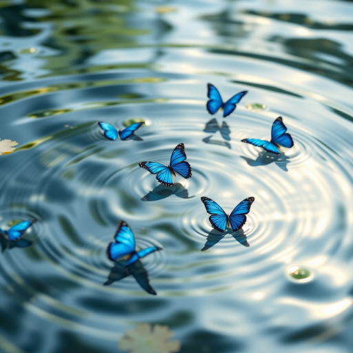 Generate an image of serene water with gentle ripples, featuring several vibrant blue butterflies gracefully floating on the surface. The scene should capture the play of light reflecting off the water, creating a tranquil and dreamy atmosphere.