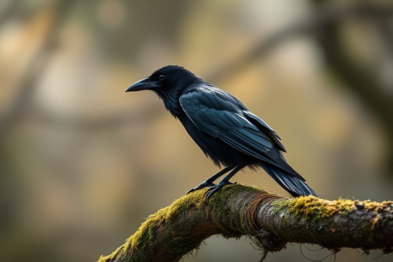 black raven perched on a mossy branch in soft natural light, shallow depth of field, 85mm lens, f/1.8 aperture, ISO 200, taken with a DSLR camera, side view for detail and clarity