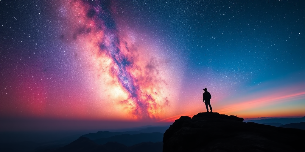 regenerate the image of a silhouette standing on a cliff overlooking a cosmic landscape with vibrant colors in the sky, using a full-frame camera, ISO 100, f/2.8 aperture, 24mm lens, and a long exposure for enhanced detail and clarity
