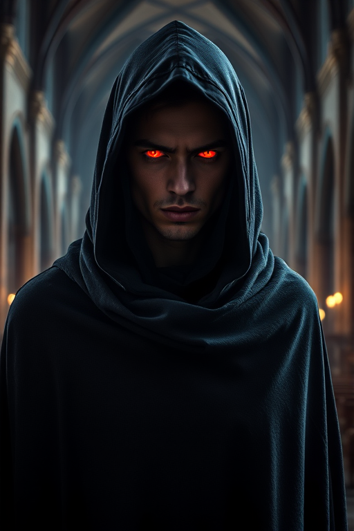 Create an image of a mysterious character wearing a dark hooded cloak, with glowing red eyes, set in a gothic cathedral with candlelight illuminating the scene, using a 50mm lens, f/1.8 aperture, ISO 200, natural light with dramatic shadows, shot in portrait orientation with a high dynamic range.