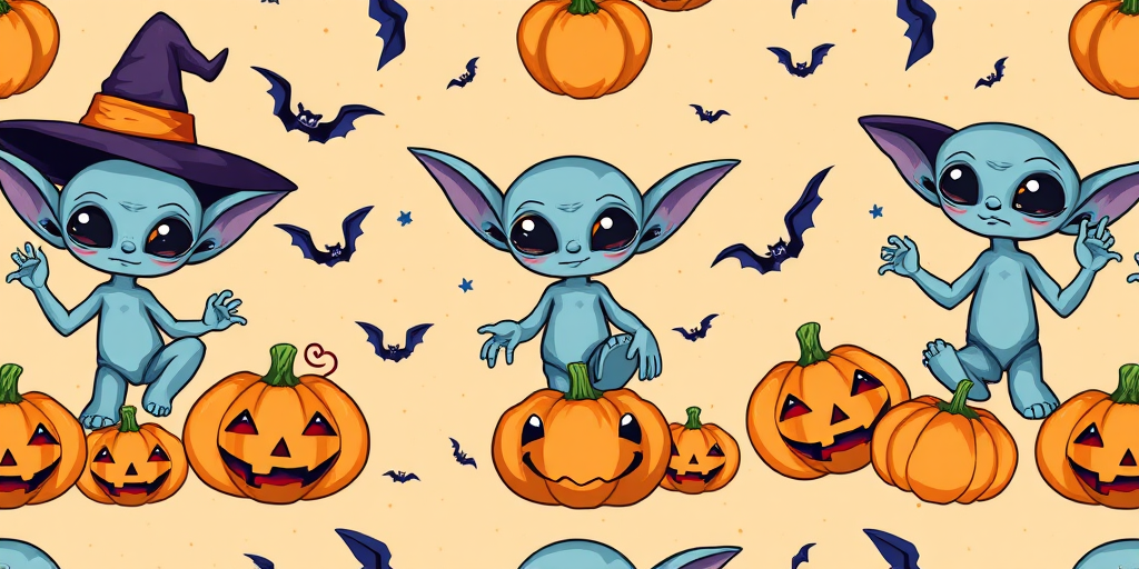 Create a seamless pattern featuring a cartoon character resembling an alien with large ears and blue skin interacting with pumpkins and wearing a witch hat. Include elements like smiling jack-o'-lanterns and small bats against a light orange speckled background.