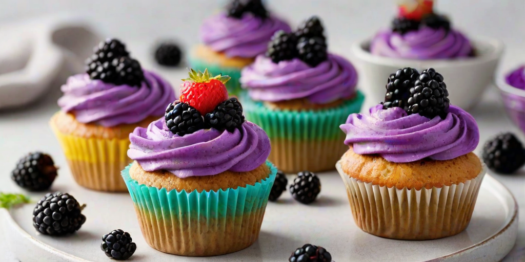 Generate an image of colorful cupcakes with a vibrant purple frosting topped with fresh blackberries. The cupcakes should have a crumbly crust and a glossy berry topping, arranged beautifully on a light background with a touch of greenery in the scene.