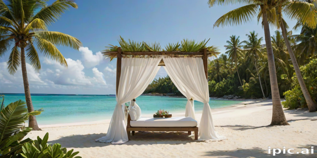 Create a picturesque tropical beach scene featuring a serene, white sandy shore. In the foreground, there's a rustic wooden canopy with white drapes gently flowing in the breeze. Underneath the canopy, a table is set with tropical decor, evoking a sense of relaxation and leisure. The beach extends into a calm, shallow water area with reflections of the sky and surroundings. Palm trees and lush greenery line the edge of the beach, providing a natural, tropical backdrop. The sky is clear with a few scattered clouds, and the overall atmosphere is tranquil and inviting, perfect for a peaceful retreat.