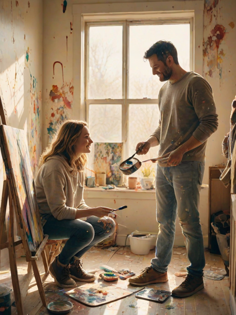 Warm, intimate image of a couple painting a room together, soft sunlight streaming through the window, splatters of paint on their clothes, and the smell of fresh paint and laughter filling the space.
