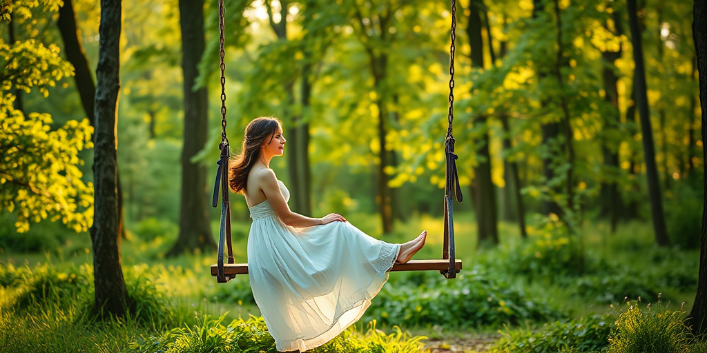 Capture a soft, ethereal image of a woman in a white dress sitting on a swing in a lush green forest, use a Canon EOS R5 with a 50mm f/1.2 lens, aperture set to f/1.4 for a shallow depth of field, ISO 100, and a shutter speed of 1/200s, with golden hour lighting for a dreamy effect.