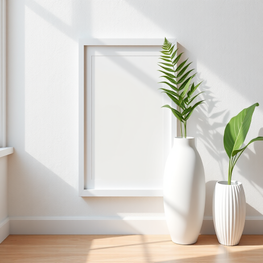 Create a minimalist interior scene featuring a white empty frame on a textured wall, a large matte white vase with a single fern leaf, and a small ribbed white planter with a green palm leaf, shot with a Canon EOS R5, 50mm lens, f/2.8 aperture, ISO 100, natural light from the left side, creating soft shadows and a clean aesthetic.