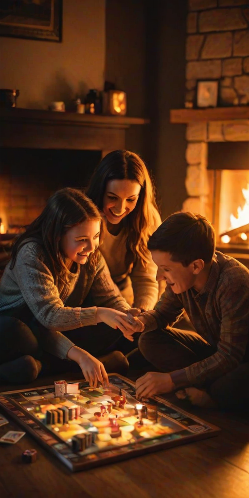 Warmly lit image of a family playing board games by a roaring fireplace, soft glow from the flames casting warm shadows, the sound of rolling dice and laughter filling the room.