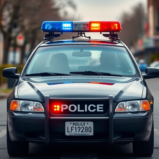 Create an image of a police car with two officers inside, front view, high resolution, using a DSLR camera, aperture f/4, ISO 100, shutter speed 1/200s, daylight setting.