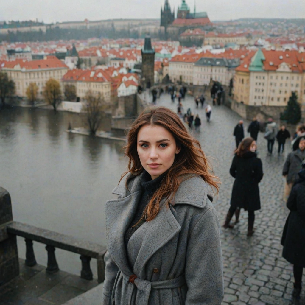cinematic photo from above, waist up shot, sharp focus, a beautiful woman in foreground, in Prague, at the Charles Bridge, river in background, overcast rainy day, wearing long grey wool coat, warm rich color palette
