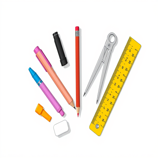 Create a high-quality illustration of a pencil, pink highlighter, sharpener, compass, eraser, and ruler arranged artistically on a plain background, using a DSLR camera with a 50mm lens, f/2.8 aperture, and 300 dpi resolution for sharp detail.
