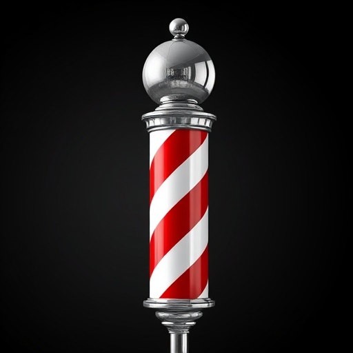 Generate a highly detailed illustration of a classic barber pole with red and white stripes, featuring a shiny reflective ball on top, captured in a sharp focus, using a DSLR camera at f/2.8 aperture, 50mm lens, and natural light for enhanced contrast and vibrancy.