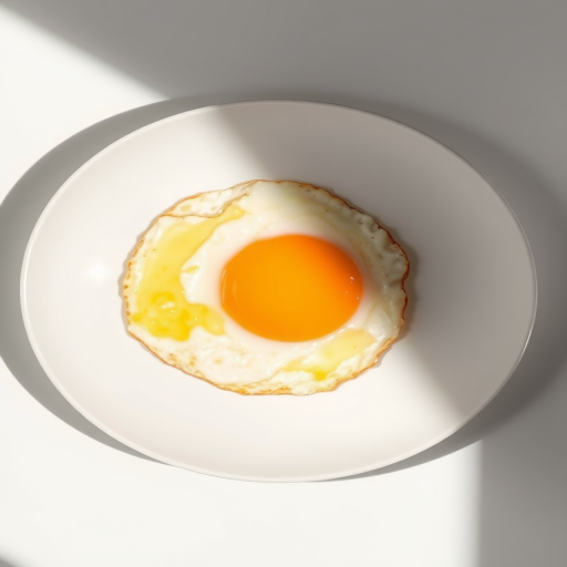 high-resolution image of a fried egg on a white plate, soft natural lighting, shallow depth of field, 50mm lens, f/1.8, ISO 100, shot from above for a clean aesthetic