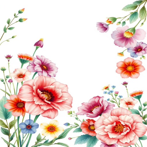 create a floral watercolor illustration with a white background featuring colorful flowers and greenery in the corners, shot with a Canon EOS R5, 50mm lens, f/2.8 aperture, ISO 100, in natural light, with a soft focus to enhance detail and depth.