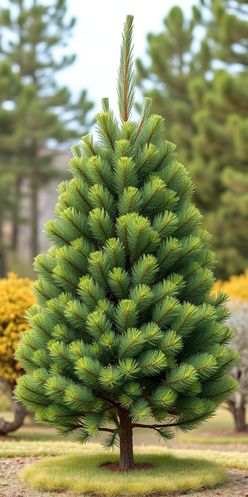 Create a 3D illustration of a green pine tree, vibrant colors, front view, in a well-lit outdoor setting, camera type: DSLR, aperture: f/4, shutter speed: 1/250s, ISO: 100, focus mode: auto.