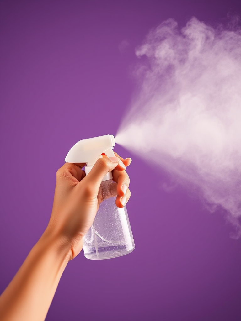 Create an image of a hand holding a spray bottle releasing a cloud of spray against a solid purple background, using a Canon EOS R5 camera with a 50mm lens, aperture set to f/4, ISO 100, and a shallow depth of field to enhance the focus on the spray and hand details.