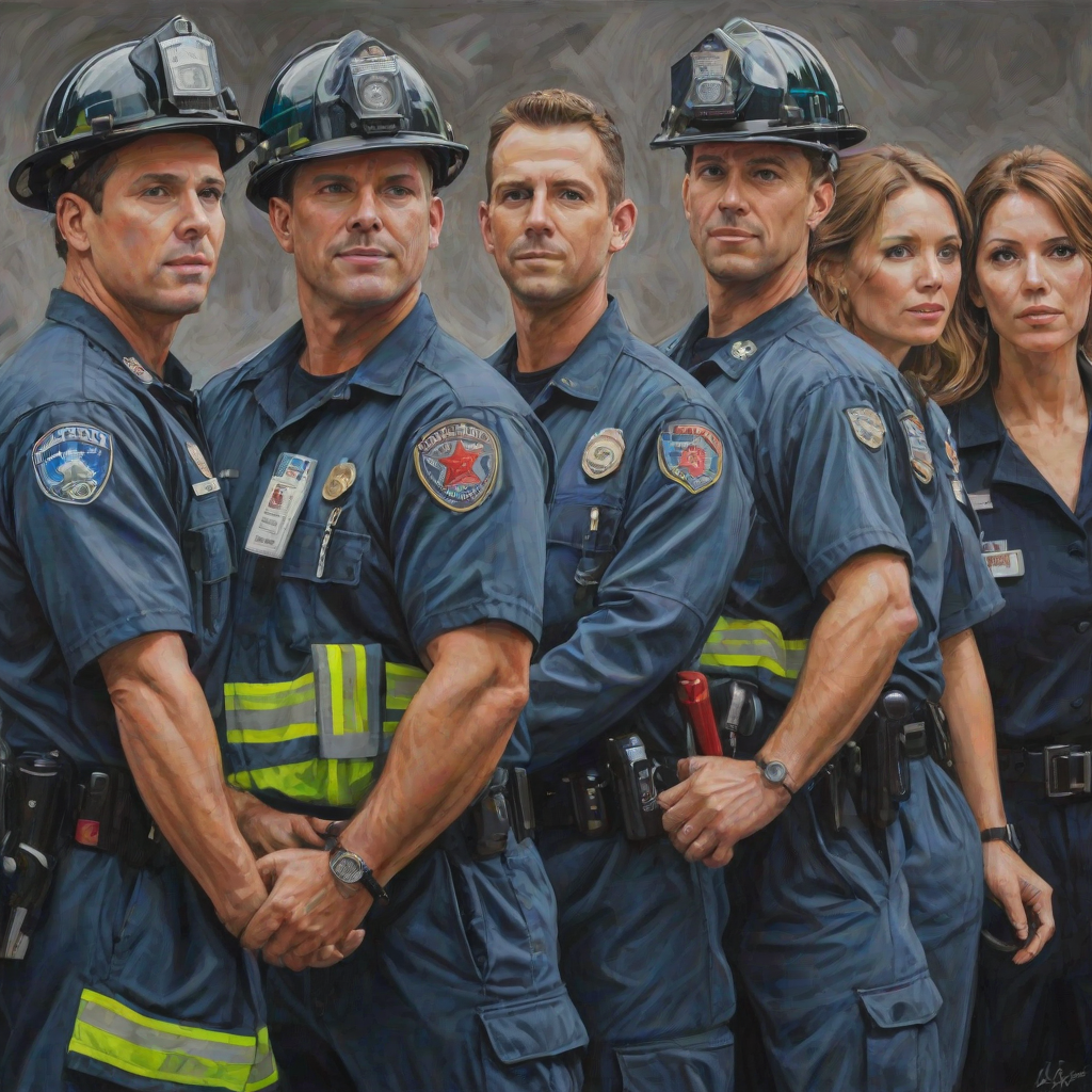 acrylic illustration of realistic first responders, fireman, policeman, emts, doctors, nurses, military
