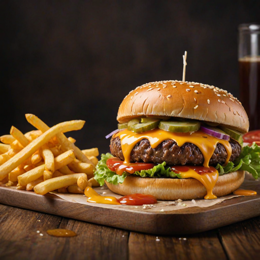 High-resolution, close-up image of a gourmet double cheeseburger. The burger features a glossy, sesame-seed-topped brioche bun. Inside, there are two thick, juicy beef patties, each topped with melted cheddar cheese. The burger is garnished with fresh lettuce, tomato slices, diced onions, and pickles. A generous amount of ketchup and a creamy, orange-colored sauce is dripping down the sides, adding to the mouth-watering appeal. In the background, there are blurred elements including a side of golden French fries and a hint of a beverage, enhancing the overall presentation of a delicious meal.