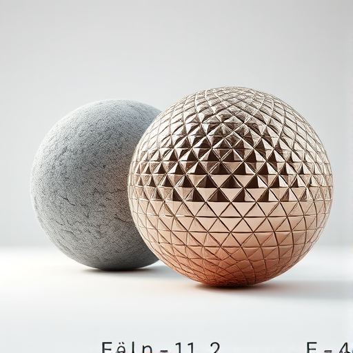 Create a high-resolution 3D render of two textured spheres, one resembling concrete with a rough surface and the other resembling a shiny metallic ball with a diamond pattern, using a DSLR camera with a 50mm lens, aperture f/2.8, ISO 100, in a studio with controlled lighting to enhance details and shadows, capturing the view from a low angle to emphasize texture depth.