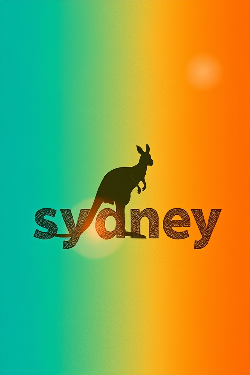 Create a vibrant graphic design featuring the word Sydney with a silhouette of a kangaroo, set against a textured gradient background transitioning from teal to orange, capturing lens flare effects with soft bokeh, using a DSLR camera with a 50mm lens, f/1.8 aperture, ISO 200, and a slight vignette for artistic enhancement.