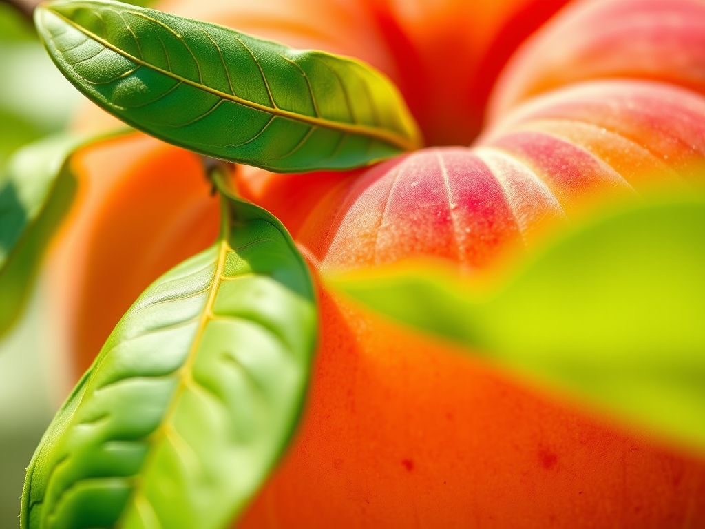 Create a vibrant illustration of a peach and green leaves, focus on the peach's texture and color, use macro lens settings, shallow depth of field, bright natural lighting, captured with a DSLR camera.