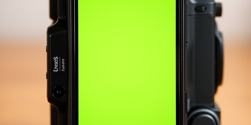 Create an image of a smartphone with a bright green screen, using a 50mm lens, f/2.8 aperture, ISO 100, with a front view and a soft-focus background, captured with a DSLR camera.