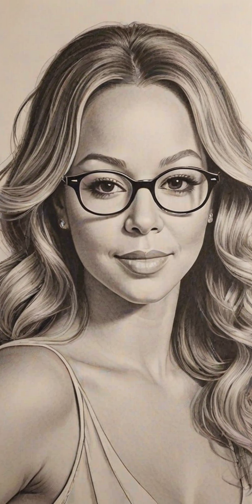 Enchanting Mariah Carey, pencil sketch, portrait of Superb woman 1970s in glasses, hair style beatnik, outline, clear lines, fine lines, 8k
