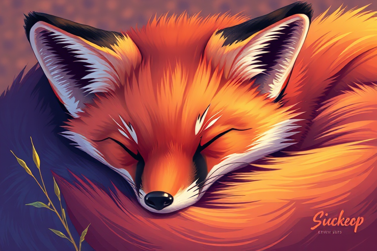 Create a vibrant and stylized illustration of a sleeping fox, focusing on soft curves and warm colors, captured in high resolution with a digital art style, using a zoom lens for close-up details and vibrant lighting to enhance depth and contrast.