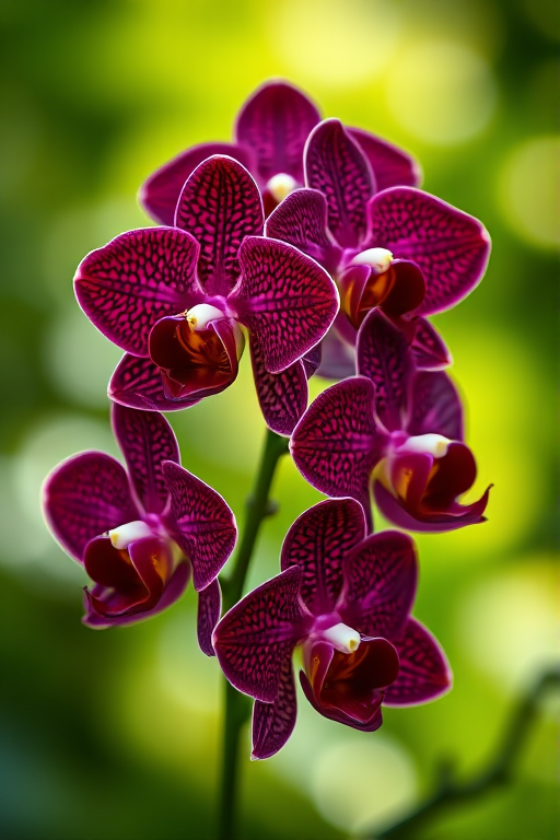 High-resolution photograph of a cluster of deep burgundy orchids with intricate patterns, taken with a Canon EOS 5D Mark IV, 50mm lens, aperture f/2.8, ISO 100, soft natural lighting, shallow depth of field against a blurred green background.