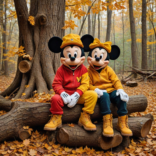 create a cartoon style of Mickey and Minnie wear Fall theme colored sweat suits with timberland boots and Bernie hats sitting together on a big tree stump surrounded by large color pile of raked leaves