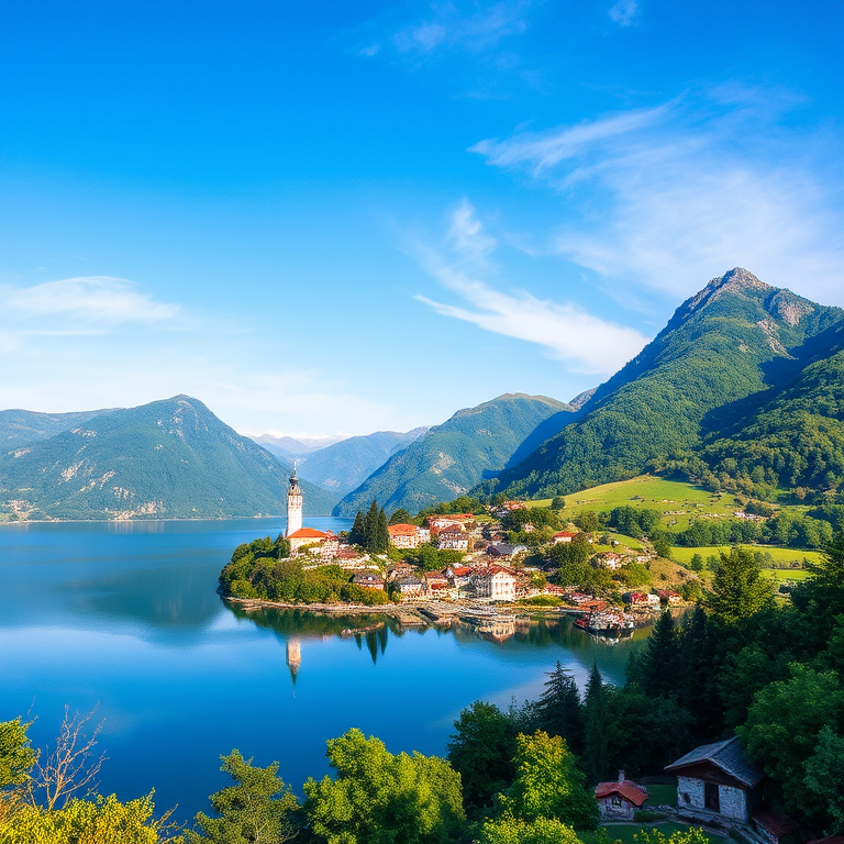 capture a serene landscape of a lakeside village surrounded by lush green mountains with a clear blue sky, use a wide-angle lens at f/8 for depth of field, ISO 100 for clarity, and a shutter speed of 1/200s, shot with a DSLR camera at eye level to enhance image quality and detail