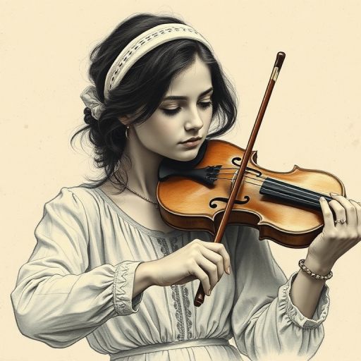 a young Turkish woman with a white headband playing a violin, in the style of a charcoal drawing, sepia grunge background