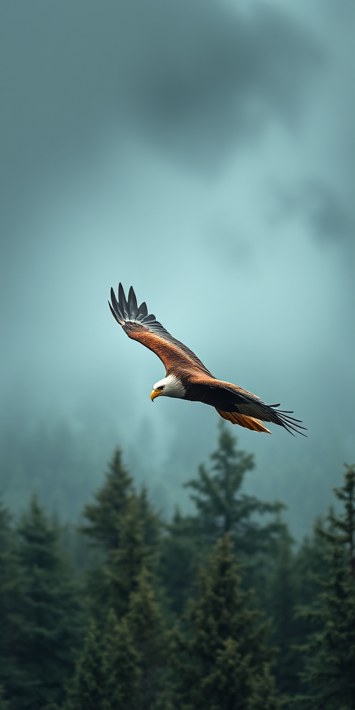 A majestic eagle soaring through a misty green forest, captured in high resolution with a DSLR camera, 50mm lens, f/1.8 aperture, ISO 200, soft focus background, dramatic lighting to enhance depth and texture.