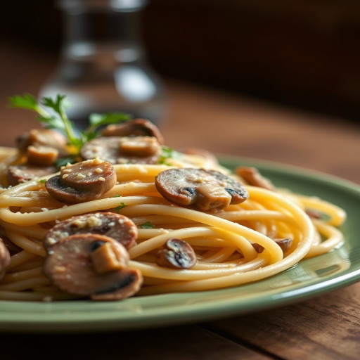 capture a close-up image of a creamy pasta dish with mushrooms on a green plate, natural lighting, DSLR camera, f/2.8 aperture, 50mm lens, ISO 100, shallow depth of field, focus on the pasta with blurred background