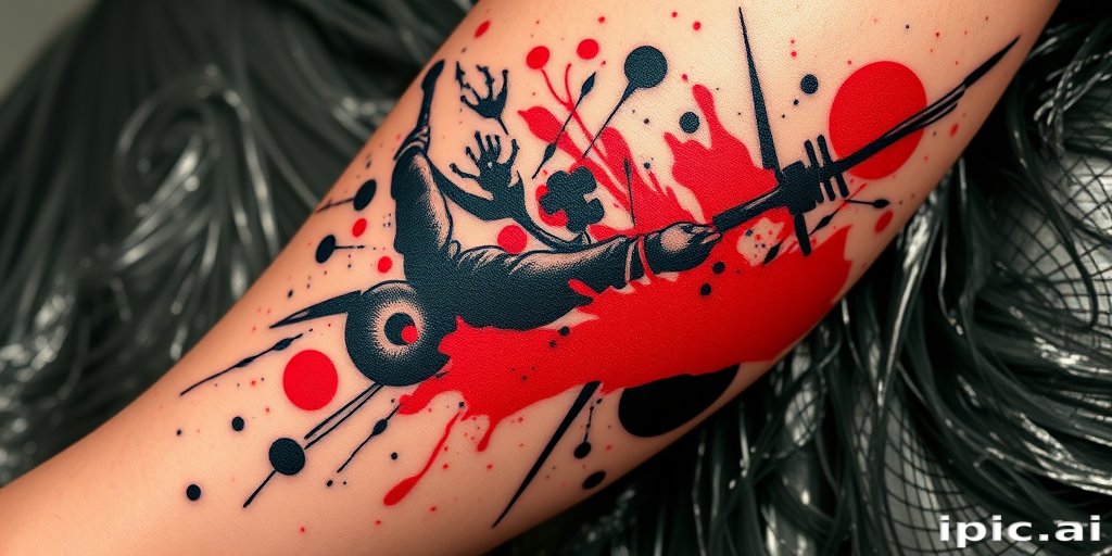 Bold trash polka tattoo on the calf, combining realistic elements with abstract shapes and splatters in a striking red and black color palette, creating a chaotic yet harmonious composition