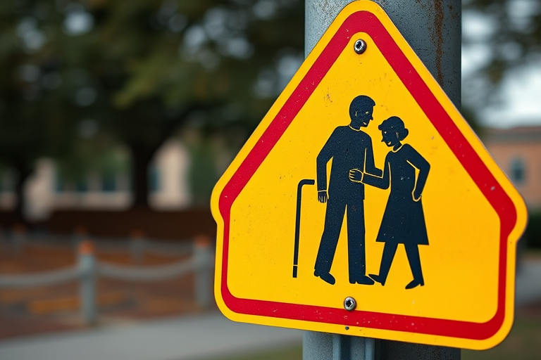 Create an image of a warning sign depicting two elderly figures, one with a cane and one supporting the other, using a DSLR camera at f/8 aperture, 1/250 sec shutter speed, ISO 200, with a close-up view and a vibrant color style for enhanced quality.