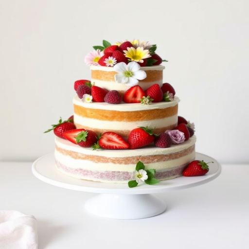 Three tiered cake decorated with fresh strawberries raspberries and edible flowers placed on a white serving plate against a light background