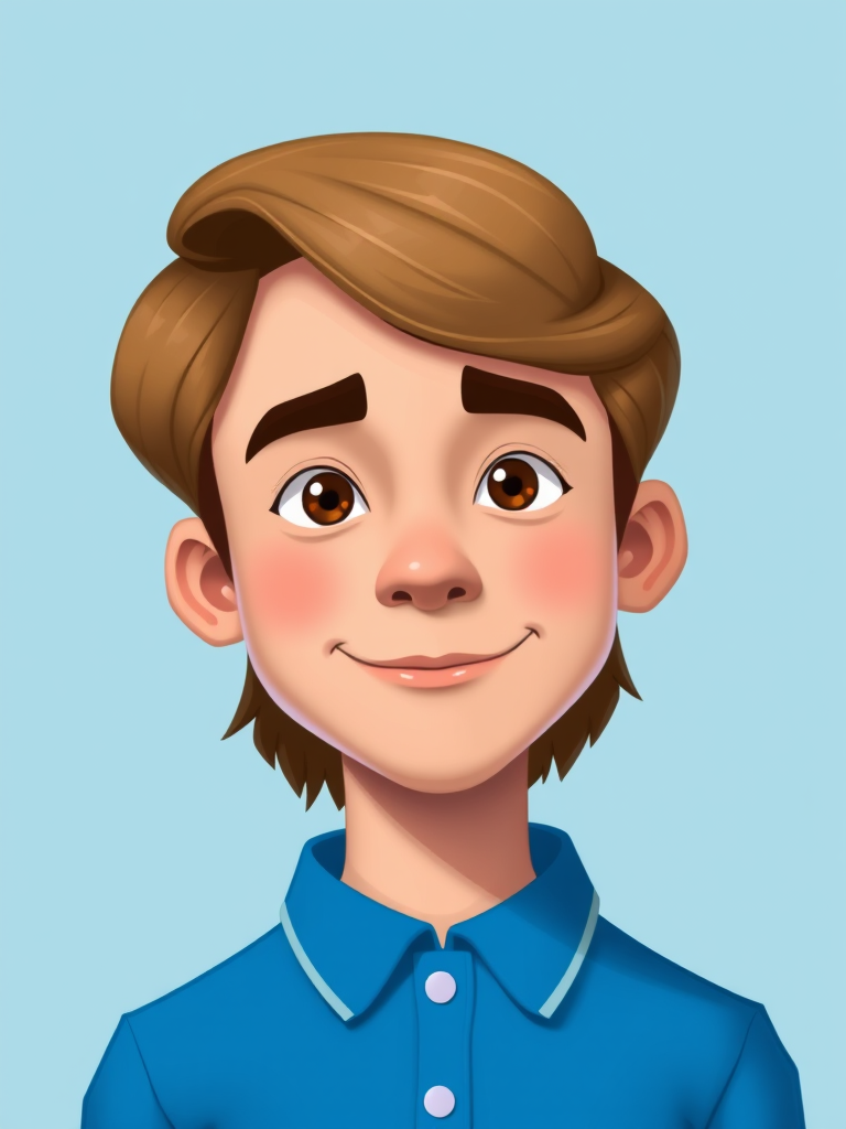 Create a cartoon-style portrait of a person with a simple face, wearing a blue shirt with a white collar, set against a light blue background, captured with a high-resolution digital camera at f/2.8 aperture, 50mm lens, and soft lighting to enhance colors and details.