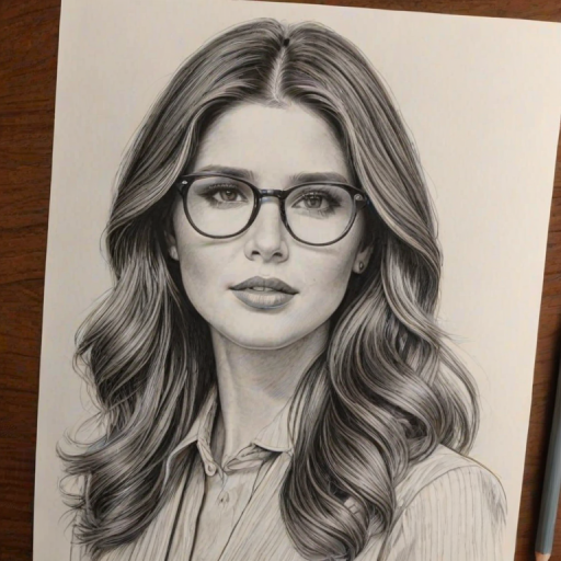 Exquisite Katherine Schwarzenegger, pencil sketch, portrait of Elegant woman 1973s in glasses, hair style beatnik, outline, clear lines, fine lines, 8k