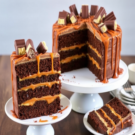 Chocolate cake with layers filled with caramel and frosting topped with chocolate bars and drizzled with caramel sauce on a white pedestal cake stand with a slice removed and served on a plate.