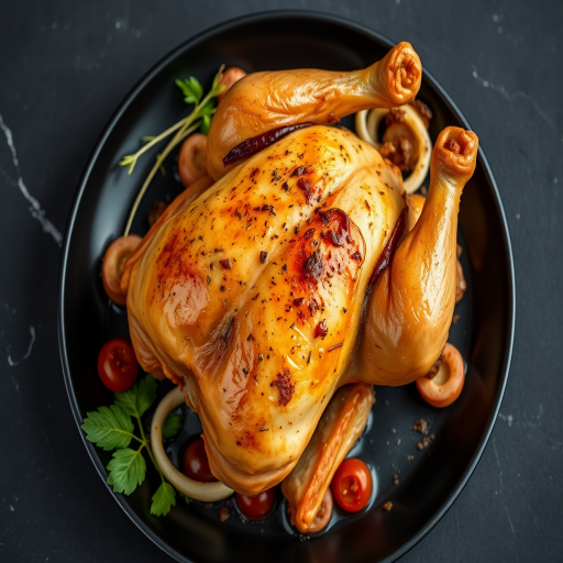 roasted chicken on a black plate with garnishes, high resolution, 50mm lens, f/1.8 aperture, ISO 100, soft natural lighting, top-down view, DSLR camera