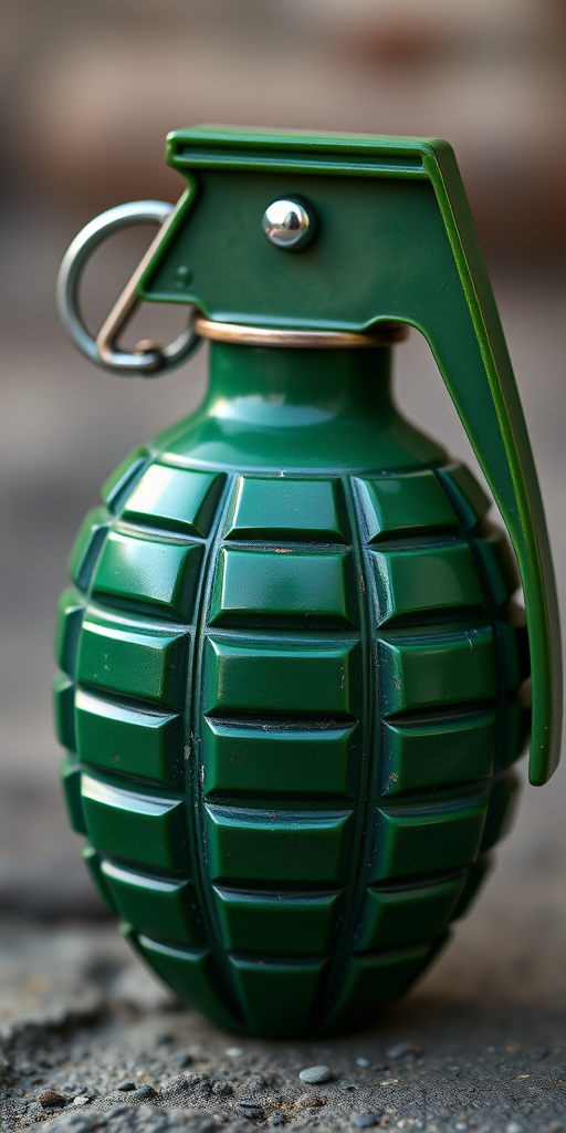 Create a high-resolution digital illustration of a green hand grenade with a shiny metallic pin, using a DSLR camera at f/5.6 aperture, 50mm focal length, ISO 100, natural lighting, and a slight angled view to enhance depth and detail.