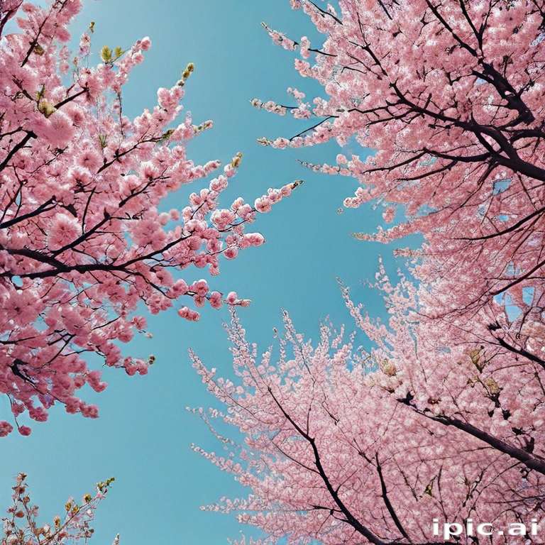 Beautiful Cherry Blossom Trees in Full Bloom Against a Clear Blue Sky