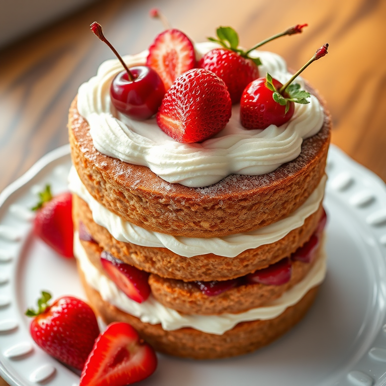 Create a highly detailed digital illustration of a three-layered cake with fresh strawberries and cherries on top, using a 50mm lens, f/1.8 aperture, ISO 100, and soft natural lighting to enhance texture and color vibrancy, captured from a top-down view.