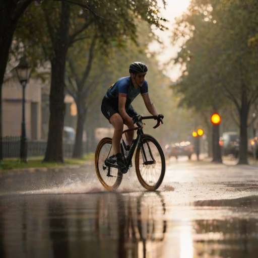 Blurry action shot of a cyclist racing through a city park in the rain, water splashing up from their tires, with soft golden light from distant streetlamps casting long shadows on the wet pavement.